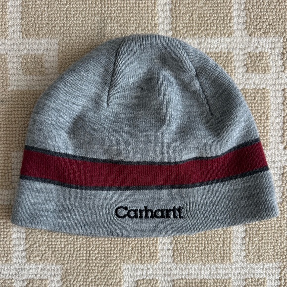 Carhartt Vintage Knit Beanie Y2K Outdoor Retro Style Gray Red Stripe One Size - Picture 3 of 7